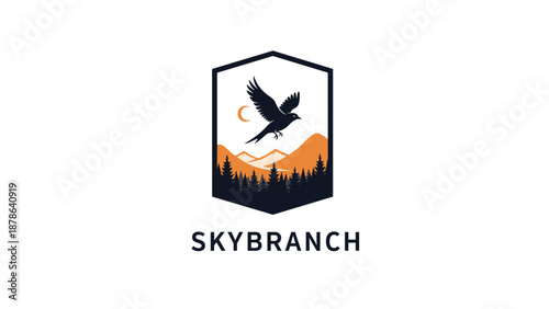 Eagle Logo Design with Mountains and Trees.