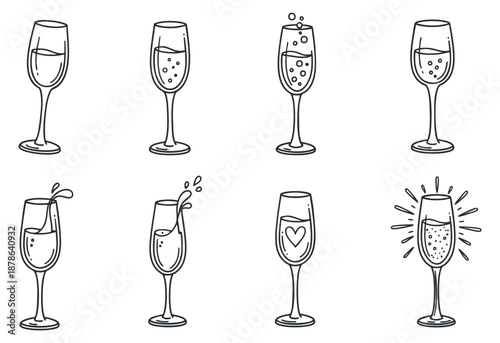 A set of eight champagne glasses in outline vector style, featuring various drinks and bubbles, perfect for festive celebrations and party invitations