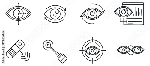 A collection of eye icons depicting vision concepts in clean outline vector style, suitable for healthcare and technology applications