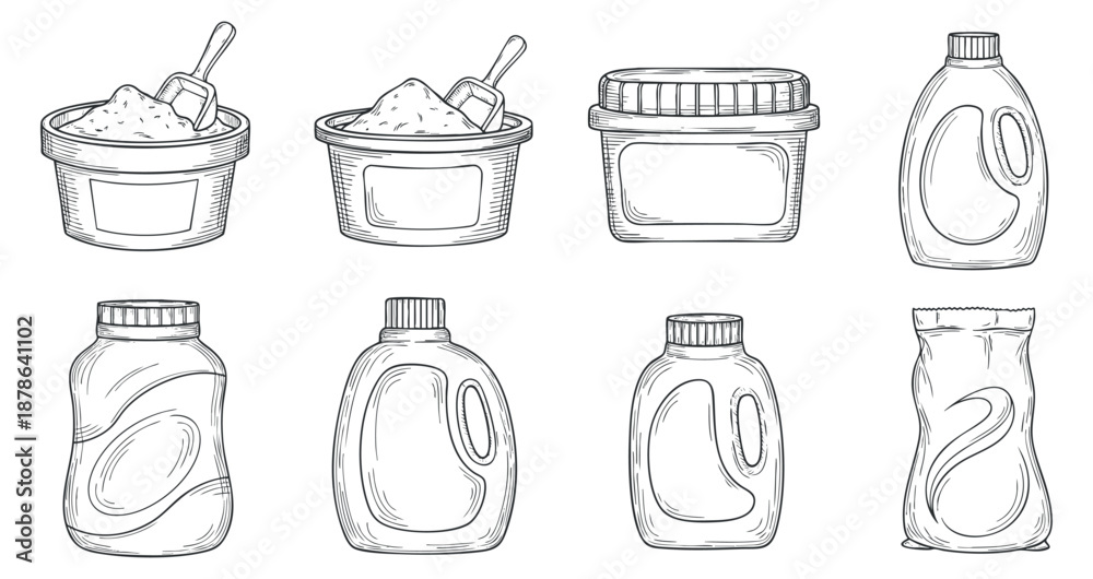 Obraz premium A collection of various containers including jars and bottles in outline vector style, ideal for food and product packaging design