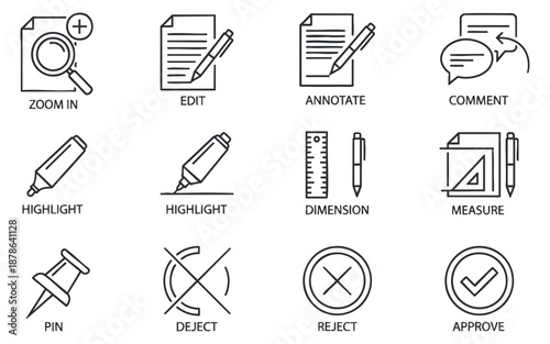 A set of outline vector icons depicting various editing and annotation tools, suitable for office and workflow applications