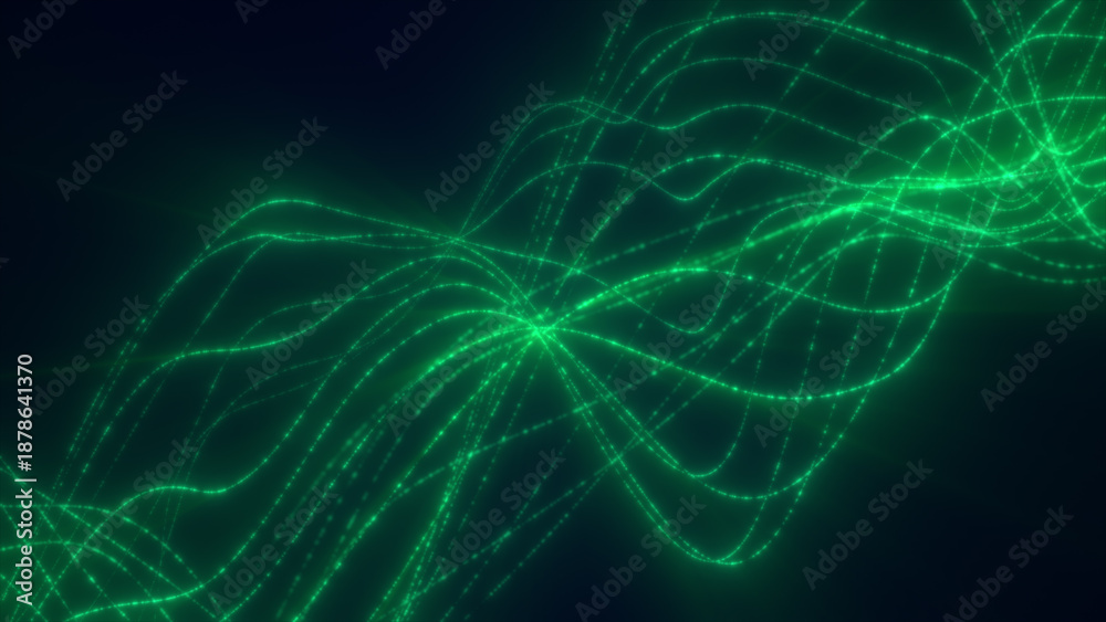 Fototapeta premium Glowing green digital waves forming an abstract flowing grid of light in a dark futuristic space