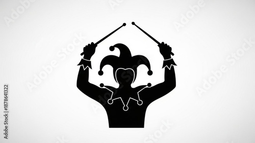 Jester Silhouette Raising Mallets on White Background