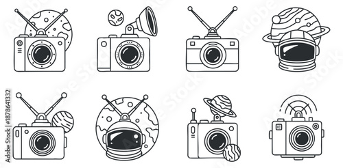 A collection of vintage cameras and astronaut illustrations in minimalist black and white vector style, suitable for creative projects and branding