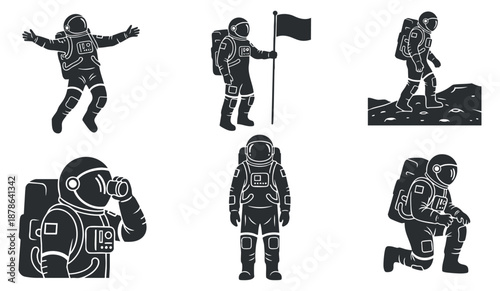 A collection of astronaut illustrations in black silhouette vector style, ideal for space exploration themes and educational projects