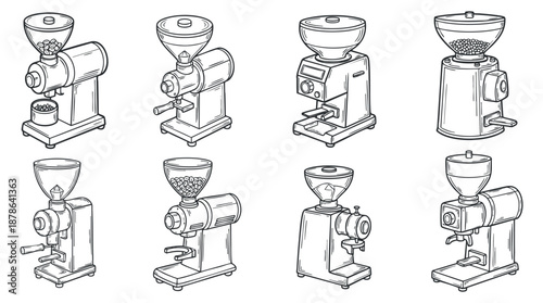 A collection of various coffee grinders in black and white outline vector style, ideal for kitchen equipment illustrations