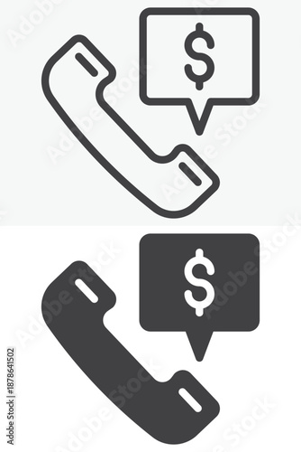 Phone call with dollar symbol icon set in different style. Line, outline and solid icon vector sign and symbol with editable stroke. Money call icon for finance contact.
