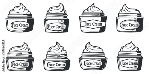 A set of face cream containers with swirled tops in black and white minimalist vector style, ideal for beauty product branding