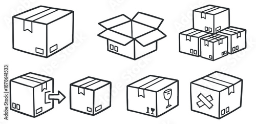 A collection of cardboard boxes in outline vector style, suitable for logistics and shipping applications