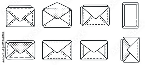 A collection of various envelope designs in black and white outline vector style, ideal for communication and branding projects