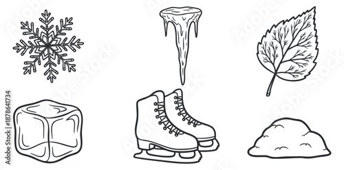 A collection of winter-themed icons including a snowflake, icicle, ice skate, leaf, and snow mound in black outline vector style, perfect for seasonal design projects