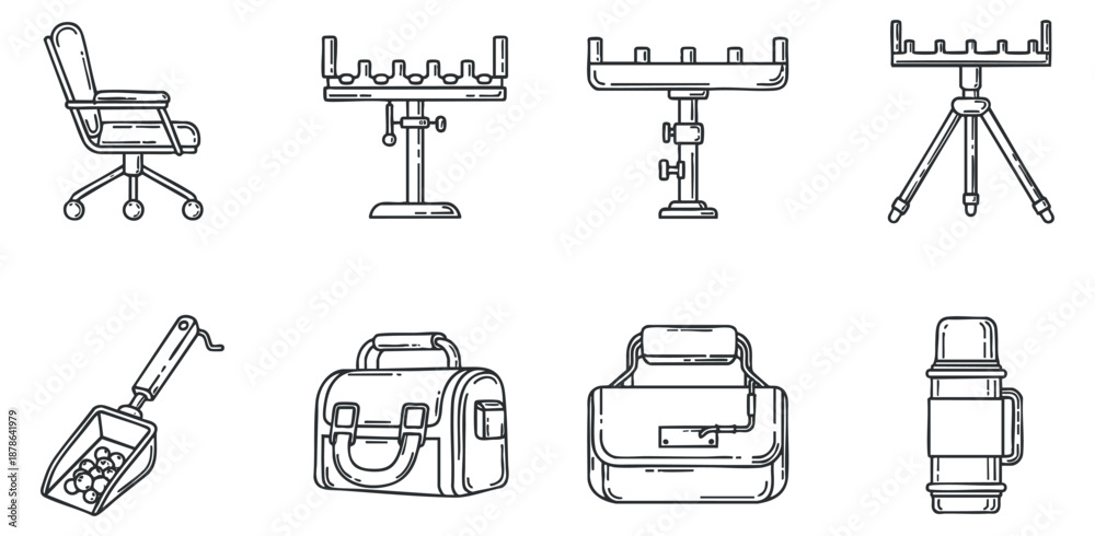 Fototapeta premium A collection of office and workshop equipment icons including a chair, tool rack, bag, and more in minimalist outline vector style