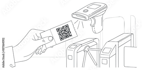 A hand holding a ticket with a QR code being scanned by a digital scanner in minimalist vector style, suitable for retail and technology applications