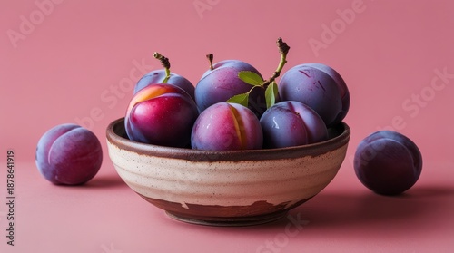 Fresh plums in a rustic bowl on pink background