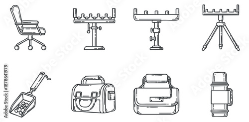 A collection of office and workshop equipment icons including a chair, tool rack, bag, and more in minimalist outline vector style