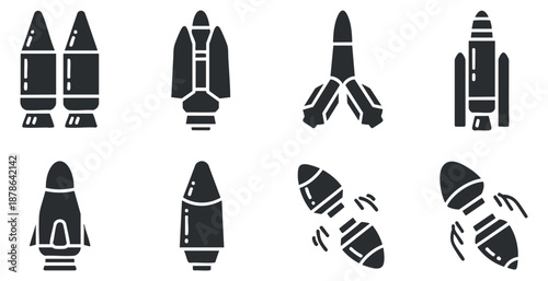 A collection of various rocket icons in black and white vector style, suitable for technology and space exploration projects
