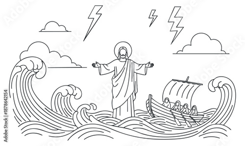 A depiction of Jesus calming the storm with waves and lightning in minimalist outline vector style, ideal for religious illustrations