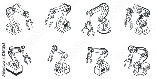 A collection of robotic arms in outline vector style, suitable for technology and automation projects