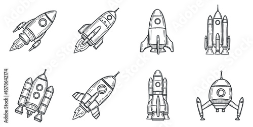 A collection of rocket illustrations in black and white outline vector style, perfect for space-themed projects and designs