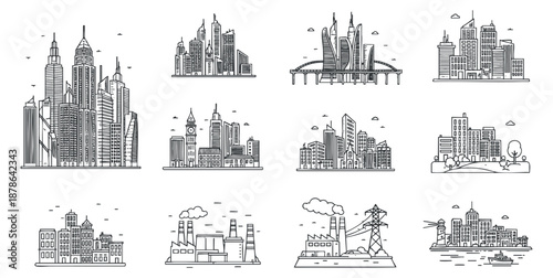 A collection of city skyline illustrations featuring various architectural styles in black and white outline vector style, suitable for urban design projects