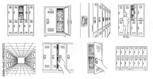 A collection of locker illustrations in outline vector style, depicting open and closed lockers, ideal for educational and organizational design projects