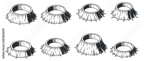 A collection of tree stump illustrations in black and white outline vector style, suitable for nature-themed designs and graphics