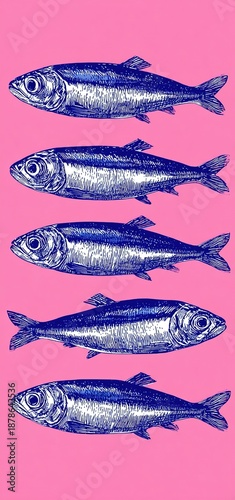 Blue sardine fish swimming in pink pattern design