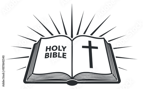 An open Holy Bible with a cross and radiant lines in a black and white minimalist vector style, suitable for religious illustrations and designs