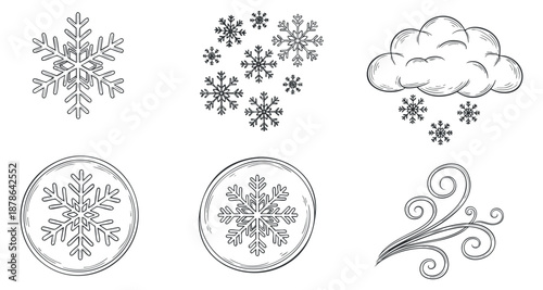 A collection of snowflakes, clouds, and wind swirls in outline vector style, ideal for winter-themed designs and decorations