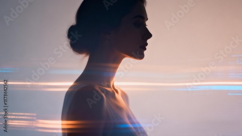 Atmospheric Female Silhouette with Ethereal Horizontal Light Motion Trails
