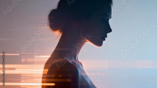 Atmospheric Female Silhouette with Ethereal Horizontal Light Motion Trails