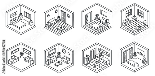 A collection of isometric interior room designs in black and white minimalist vector style, suitable for architecture and design projects
