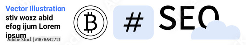 Bitcoin symbol, metadata tag sign, SEO text, and cloud element focus on cryptocurrency use, digital marketing, and online media. Ideal for fintech, analytics, content creation web strategy crypto