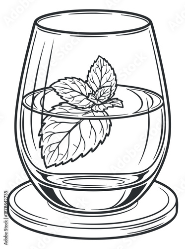 A glass of water with fresh mint leaves in black outline vector style, ideal for beverage menus and summer themes