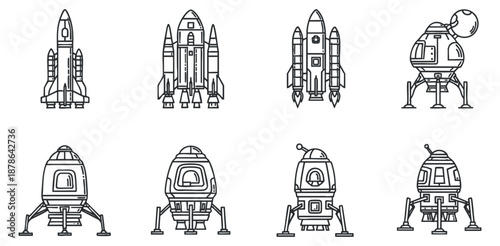 A collection of rocket and spacecraft icons in clean outline vector style, suitable for space-themed projects and illustrations