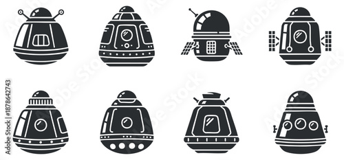 A collection of various spaceship and UFO illustrations in black and white flat vector style, perfect for science fiction and technology themed projects