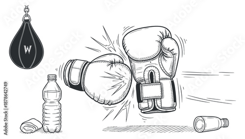A boxing glove in action with a water bottle, towel, and speed bag in a black and white sketch style, perfect for fitness and training contexts