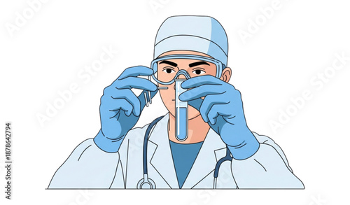 Medical scientist examining clear solution in test tube flat vector illustration