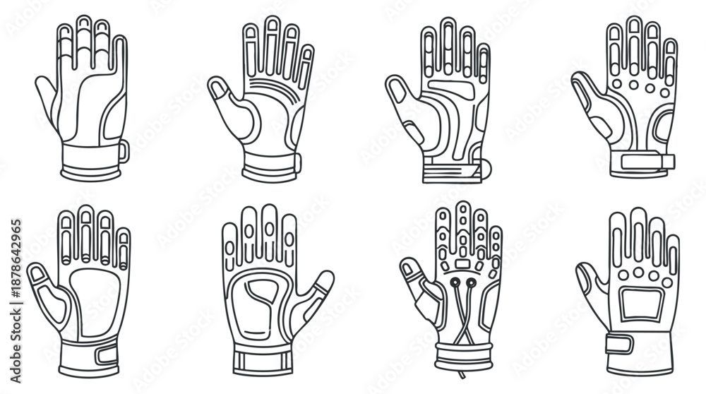Fototapeta premium A collection of various sports gloves in outline minimalist vector style, suitable for fitness and sports-related projects