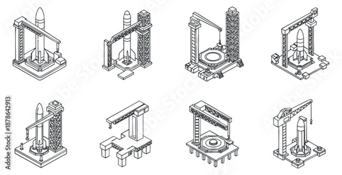 A collection of rocket launchpad illustrations in minimalist line art vector style, suitable for space exploration projects and technology designs