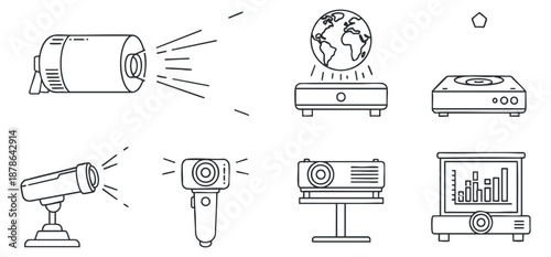 A collection of projector and camera icons in clean outline vector style, suitable for tech presentations and educational materials