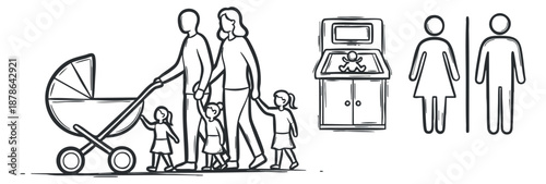 A family with two adults and three children walking together with a stroller in minimalist line art vector style, ideal for family-related projects