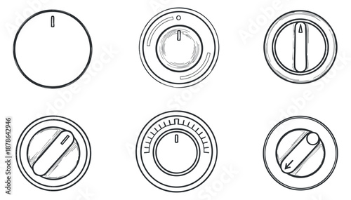 A collection of six adjustable knobs and dials in outline minimalist vector style, ideal for user interface and control panel design