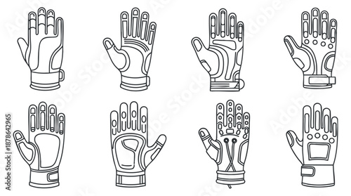 A collection of various sports gloves in outline minimalist vector style, suitable for fitness and sports-related projects