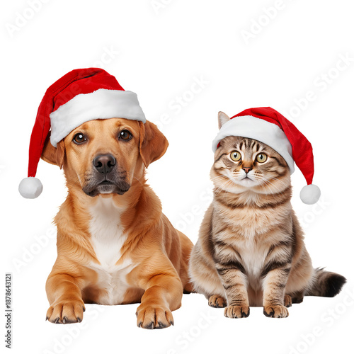 Pets Wearing Christmas Hats Sit Together for a Holiday Celebration in a Cozy ...