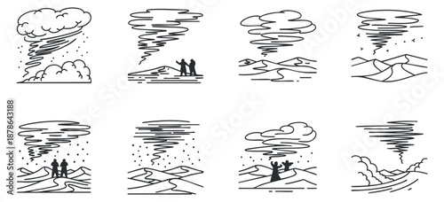 A collection of minimalist vector illustrations depicting stormy weather, tornadoes, and couples in various landscapes, suitable for outdoor adventure themes.