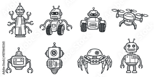 A collection of eight cute robot and drone characters in black and white outline vector style, ideal for children's educational materials and tech-themed designs