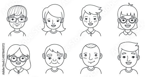 A collection of diverse cartoon characters with smiling faces in black and white outline vector style, perfect for children's projects and educational materials