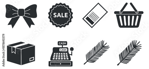 A collection of retail icons including a bow, sale tag, shopping basket, box, cash register, and feathers in black and white minimalist vector style, ideal for e-commerce and marketing materials