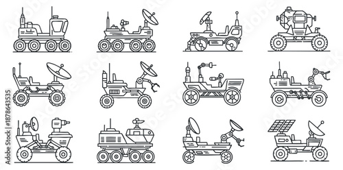 A collection of futuristic vehicles including rovers and specialized machines in clean outline vector style, suitable for technology and design projects